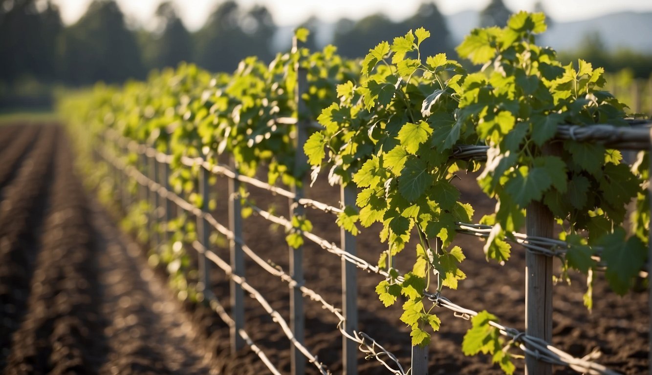 Vines being planted and trained on a cattle panel trellis