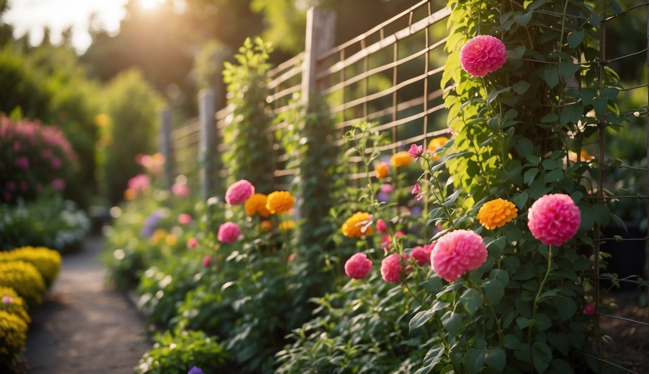 Vibrant garden with sturdy cattle panel trellis supporting climbing plants. Bright flowers and lush greenery create a beautiful and functional outdoor space