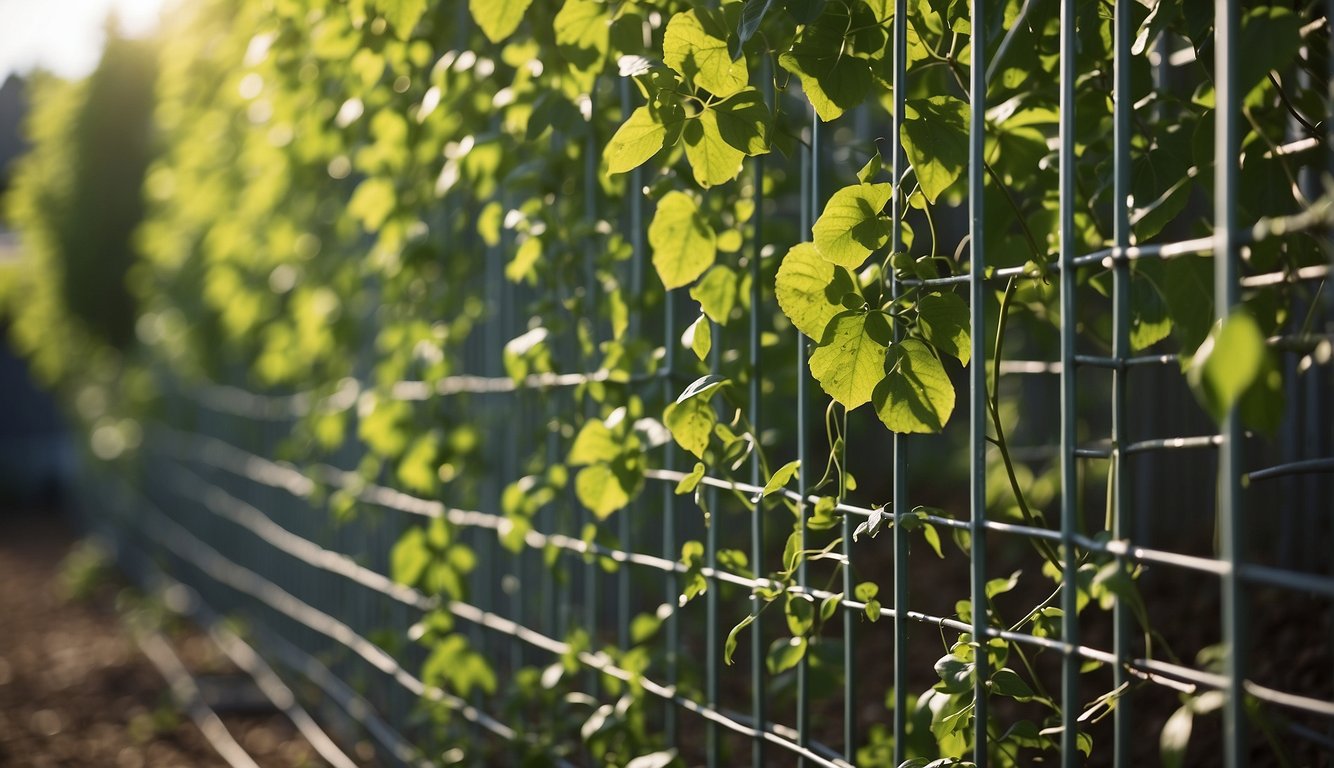A sturdy cattle panel forms a trellis for climbing plants in a garden. Green vines wind their way up the metal grid, reaching towards the sky