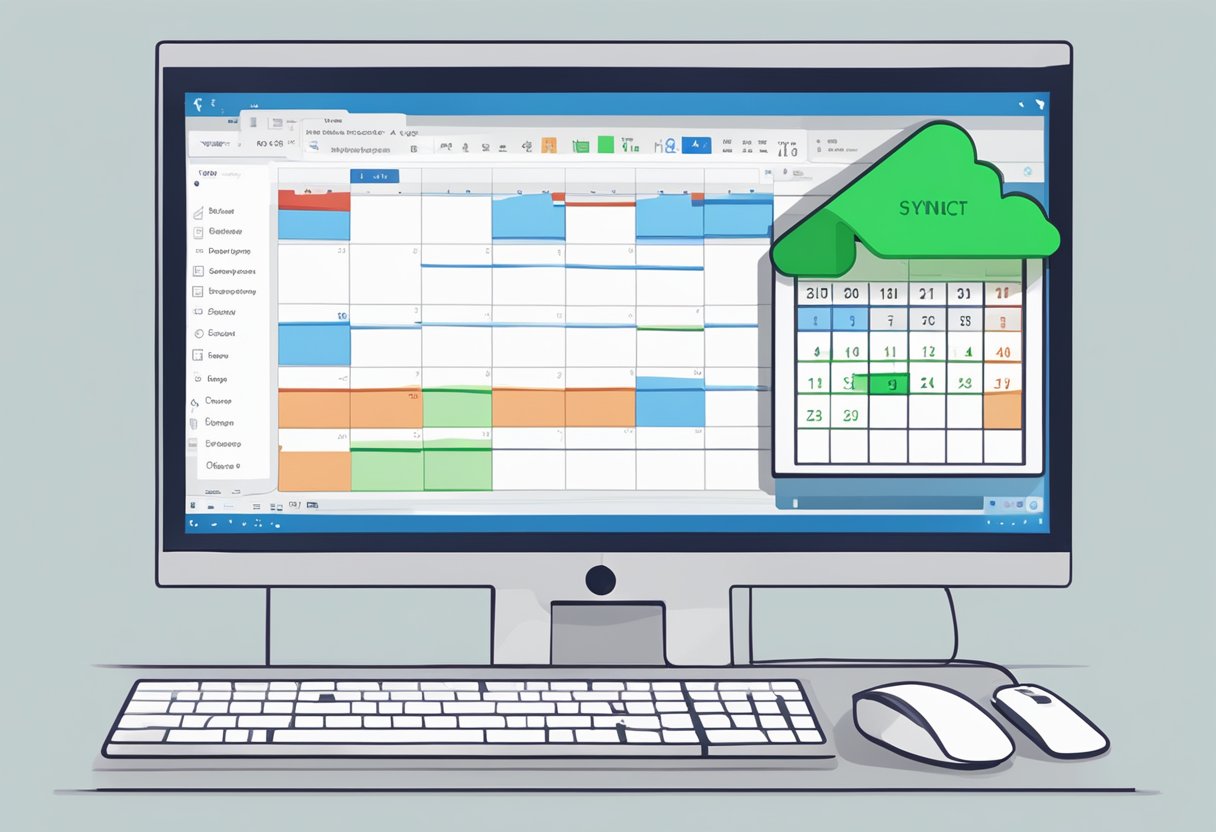 A computer screen displaying an error message "Outlook calendar not syncing" while a sync connection icon is flashing in the background
