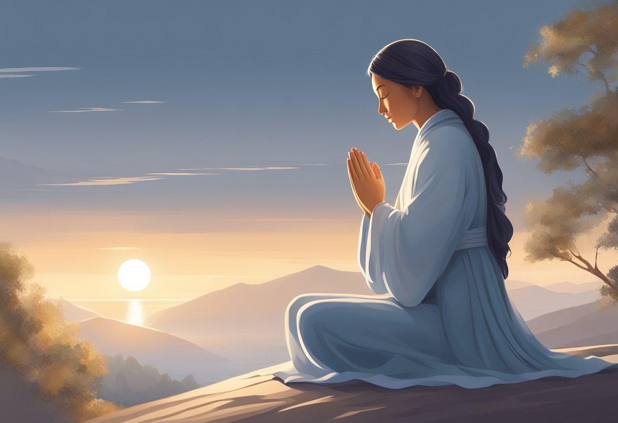 A serene figure kneels in prayer, surrounded by a calming aura of light. The figure's eyes are closed, and a sense of peace and tranquility emanates from the scene
