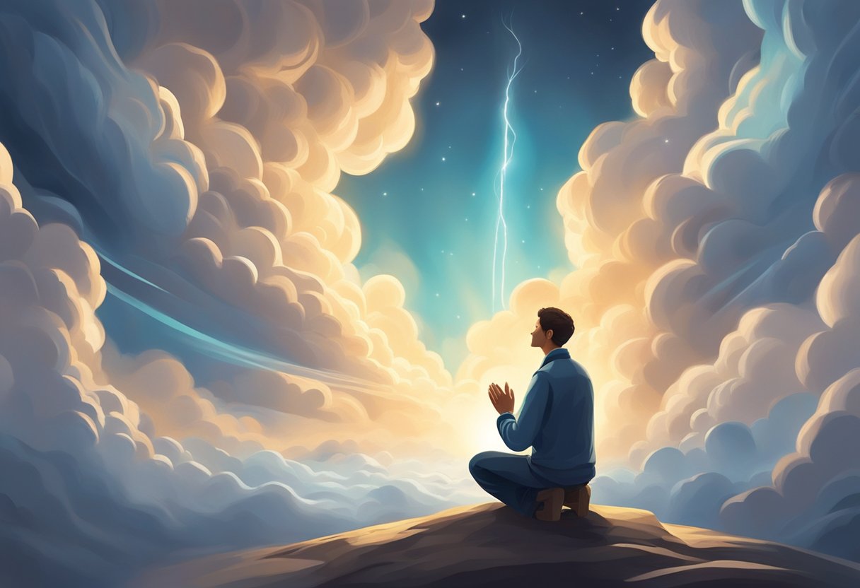 A person kneeling in prayer, surrounded by swirling clouds of anxiety. A beam of light breaks through, bringing a sense of peace and calm