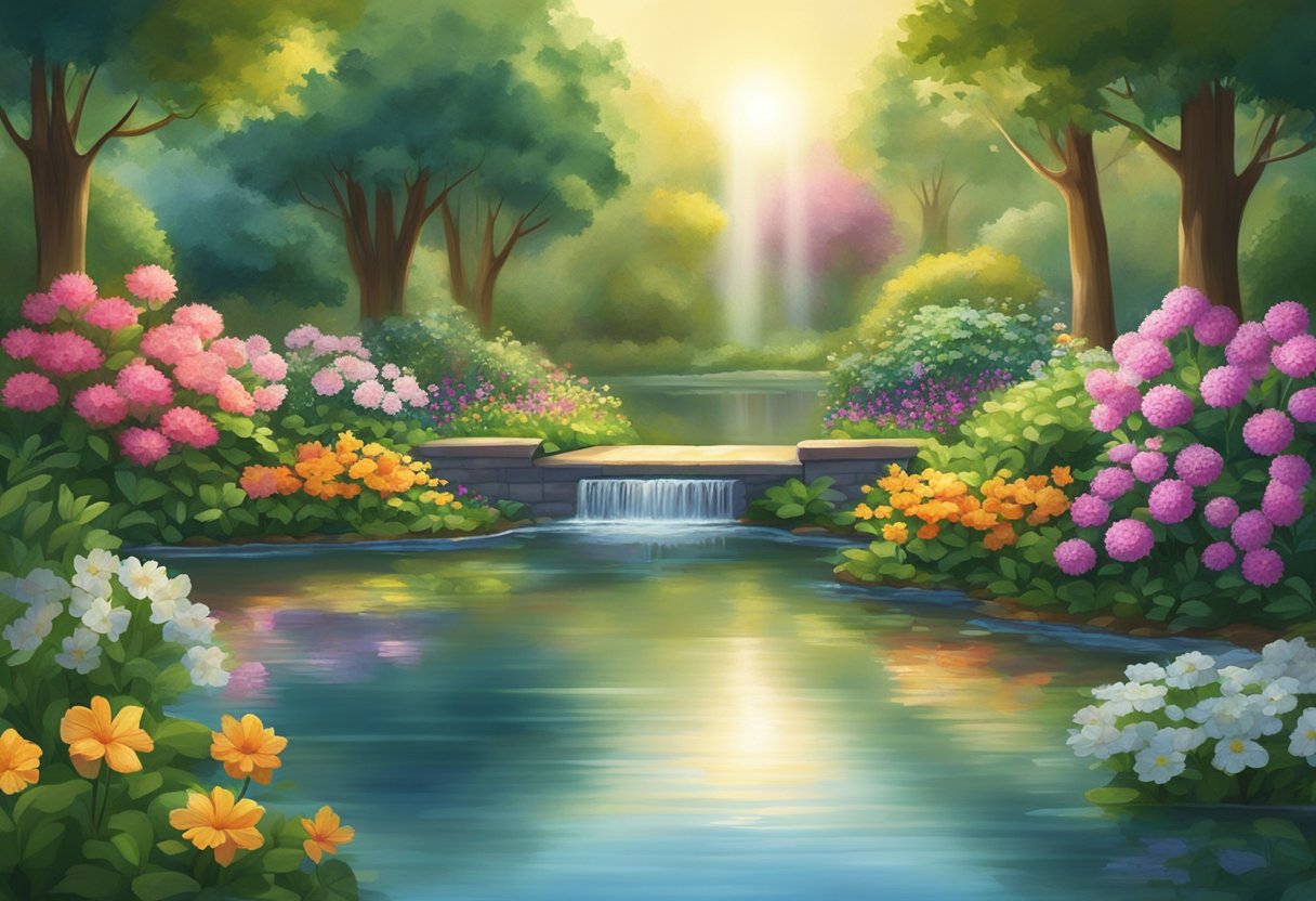 A serene garden with a peaceful pond, surrounded by lush greenery and colorful flowers. A beam of light shines down from the sky, illuminating the scene with a sense of tranquility and calmness