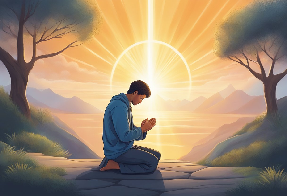 A person kneeling in prayer, surrounded by a calming aura of light and peace, with a sense of connection to a higher power