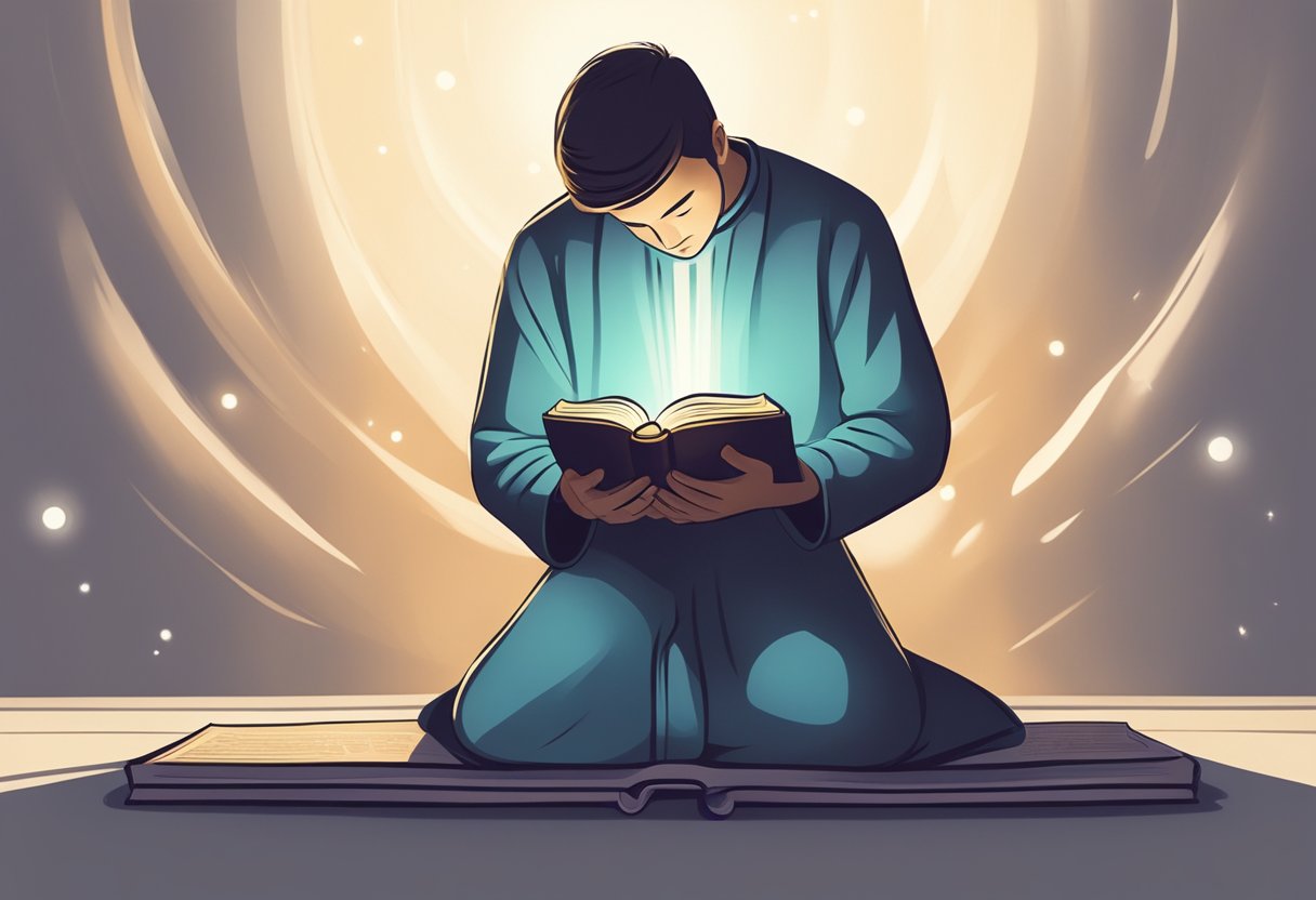 A person kneeling in prayer, surrounded by a calming aura of light, with a Bible open in front of them