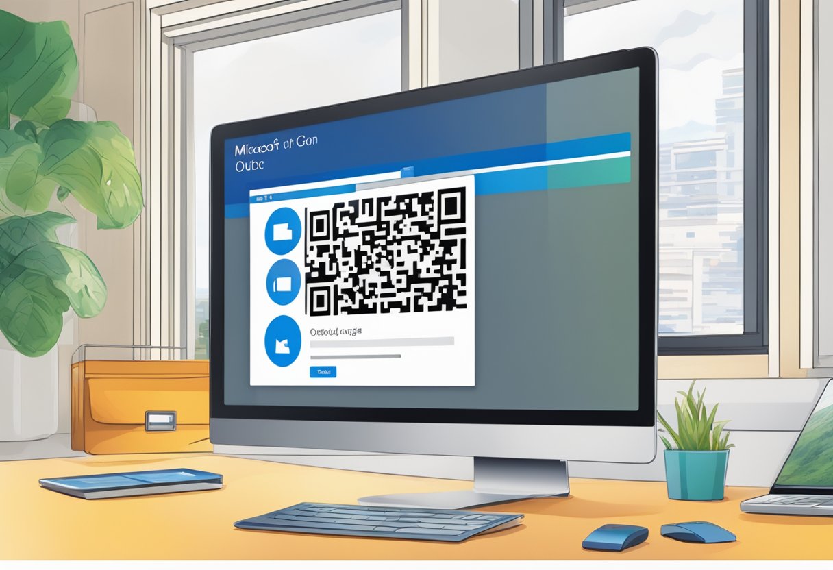 A computer screen displaying the Microsoft Outlook login page with a prominent QR code in the center, ready to be scanned by the Microsoft Authenticator app