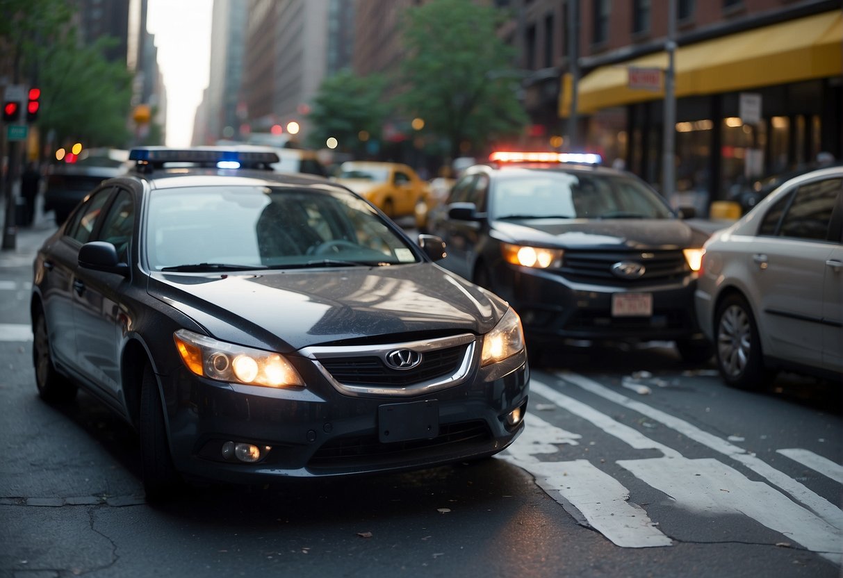 A car crashed into another car on a New York street. Police and insurance agents are on the scene, discussing the accident and assessing the damage