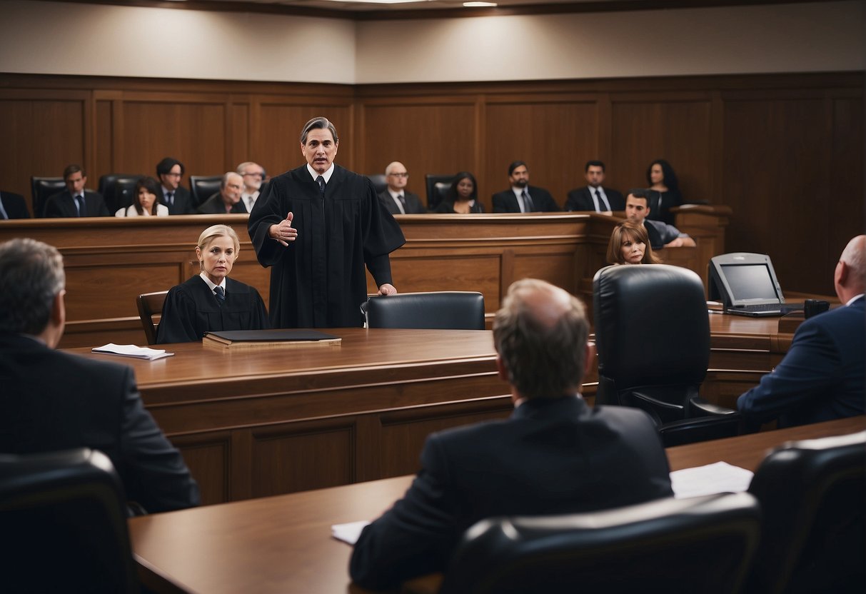 A courtroom with a judge presiding over a car accident case. Lawyers present evidence and argue points. The atmosphere is serious and professional