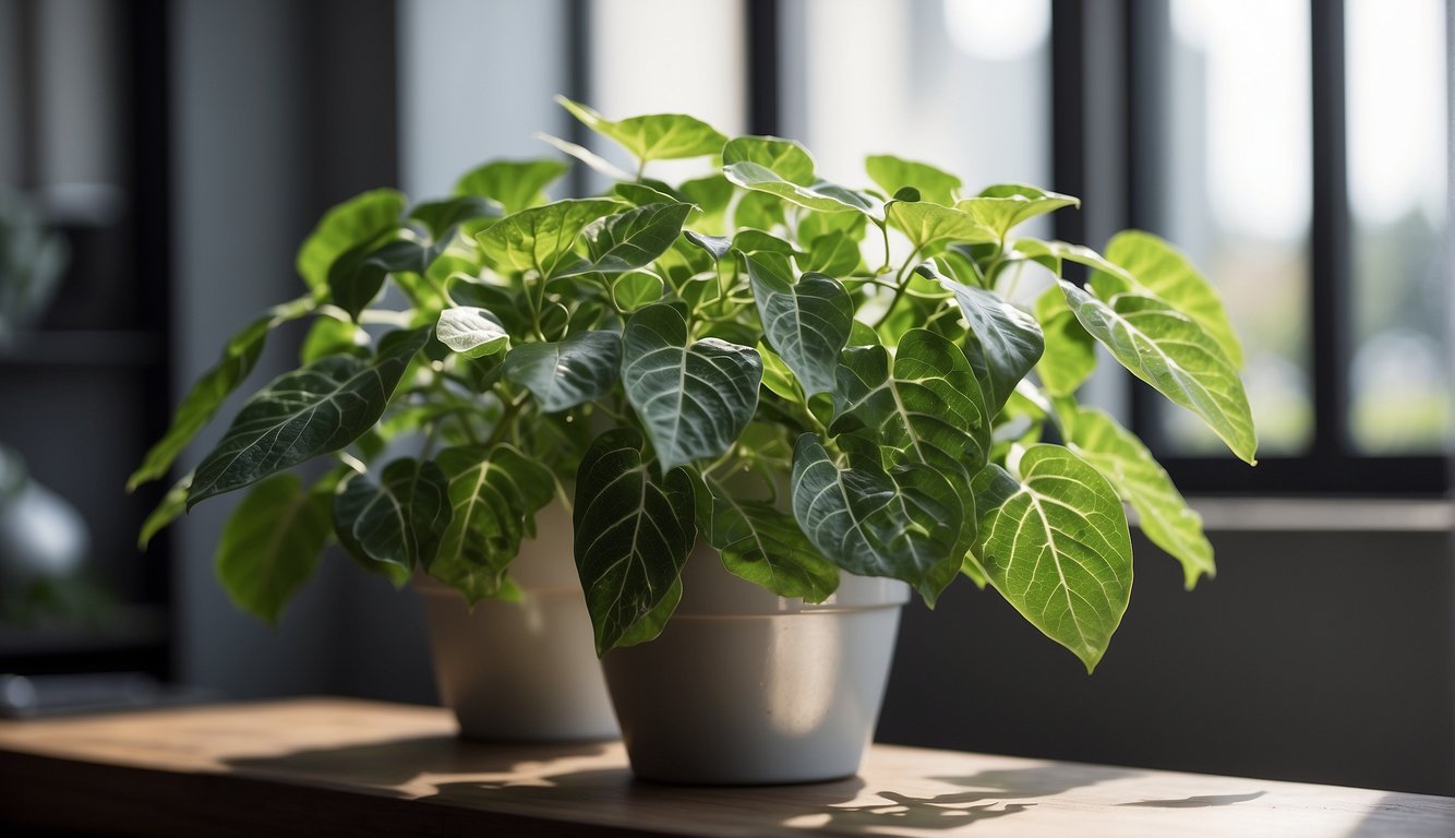 A vibrant cissus discolor plant thrives in a sunlit room, with its unique variegated leaves displaying shades of green, silver, and purple, adding a touch of natural beauty to the space