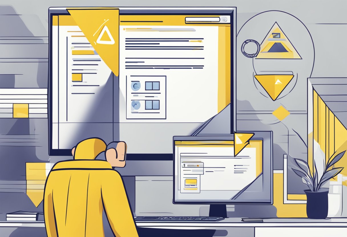A computer screen showing Outlook with a yellow triangle icon next to an error message. The user looks frustrated as they try to troubleshoot the issue