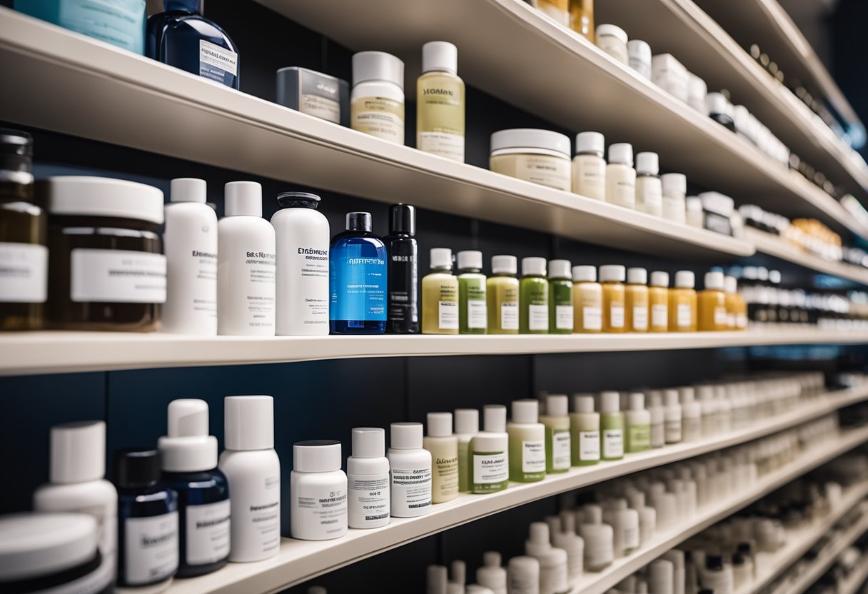 A shelf with various ZO Skin Health products for different skin types arranged neatly with labels and descriptions