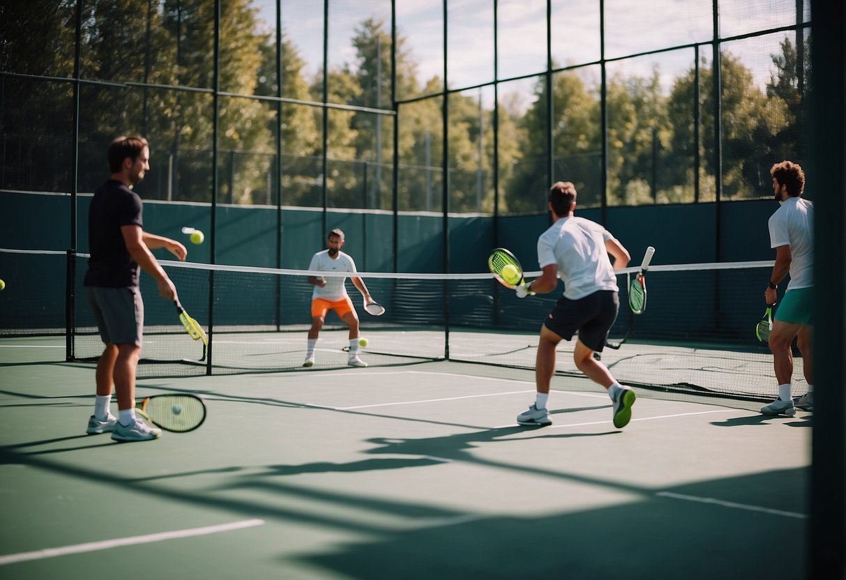 A group of players on a padel court, hitting a small ball with a solid paddle, surrounded by glass walls and a wire fence