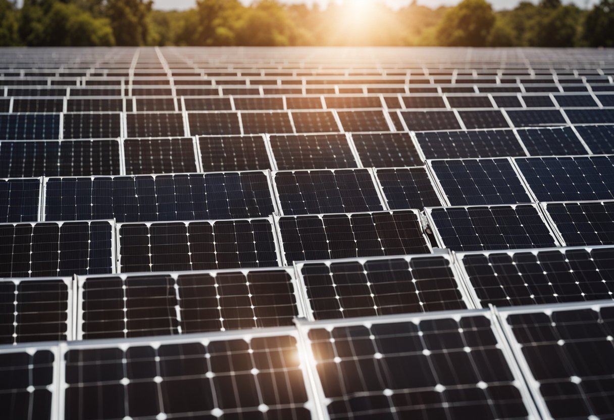 The sun shines down on rows of solar panels, glistening with energy production on 4th May 2024