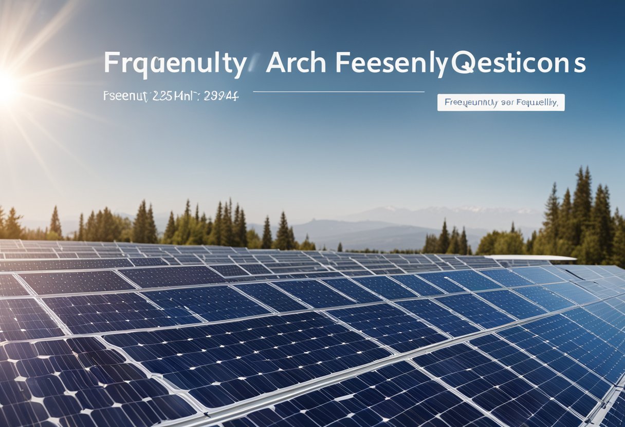 The scene shows a solar panel with a "Frequently Asked Questions" banner, dated May 4th, 2024. The panel is surrounded by clear skies and bright sunlight