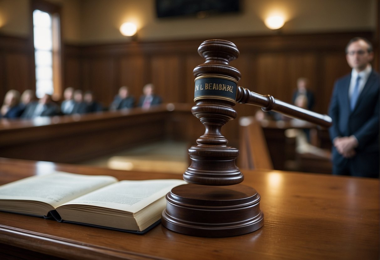 A car accident attorney stands confidently in a New York courtroom, presenting evidence and arguments to support their client's case