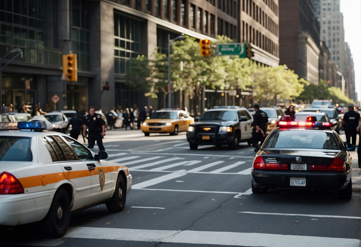 A busy New York City street with two cars colliding, police and emergency vehicles arriving, and lawyers preparing for a lawsuit