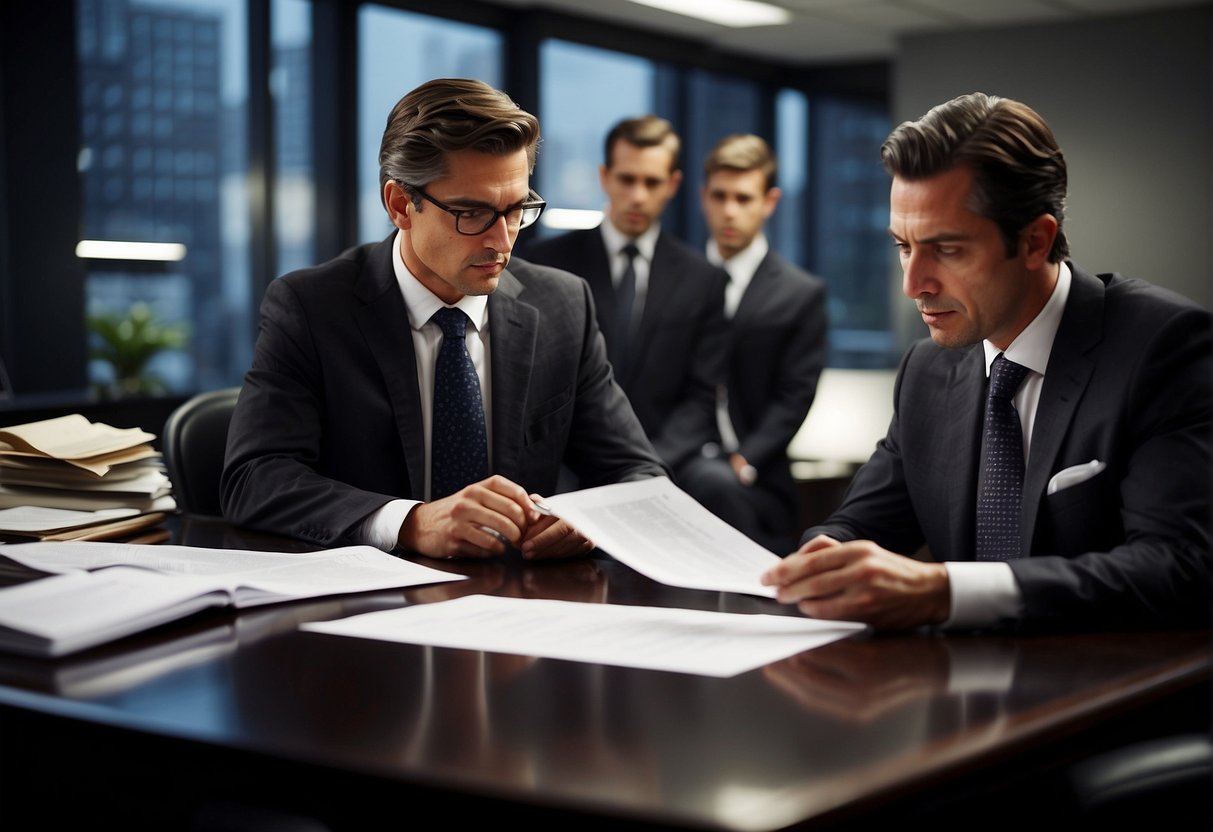 Lawyers reviewing evidence, gathering documents, and consulting with experts in a New York office