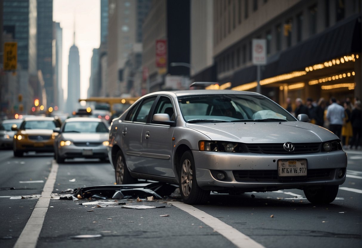 A car crash on a busy New York street, with damaged vehicles and concerned onlookers, surrounded by the city's iconic skyscrapers