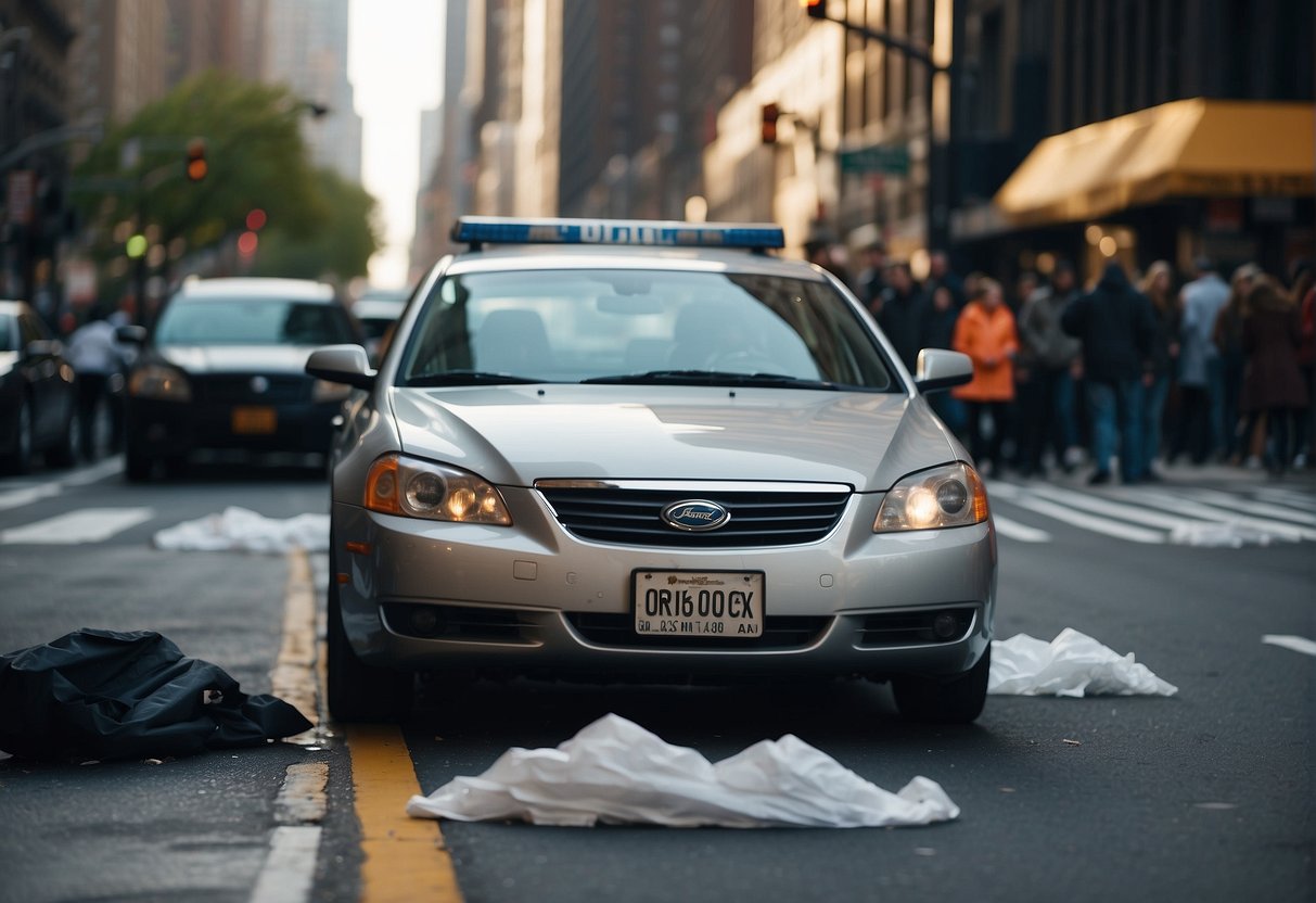 A car sits crumpled on a busy New York street. Emergency responders attend to the scene, while onlookers gather in concern