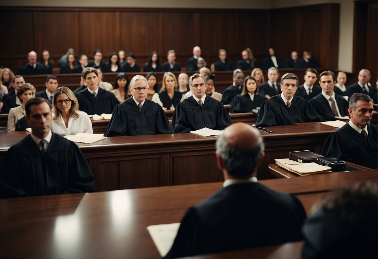 A crowded courtroom with a judge presiding over a car accident case, lawyers presenting evidence, and a jury listening attentively