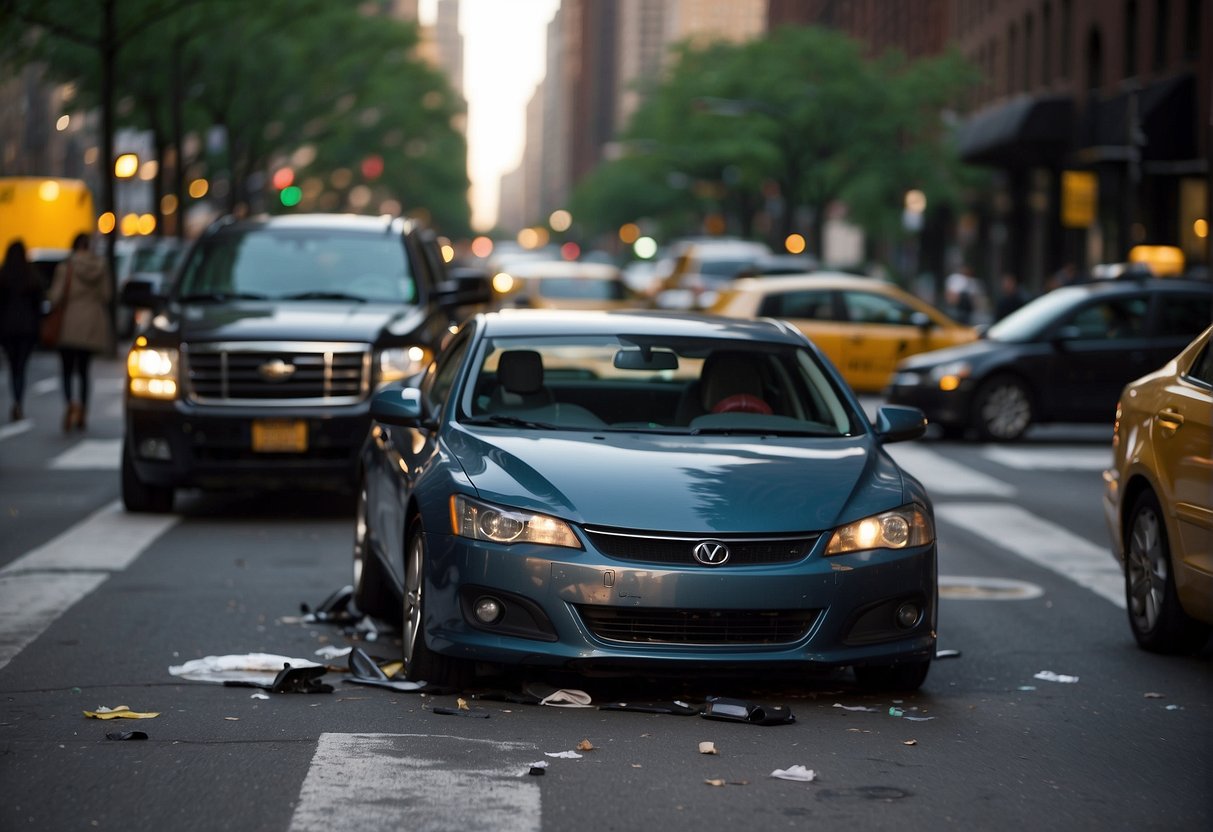 A car accident scene in New York with two vehicles colliding, showing the challenges of liability