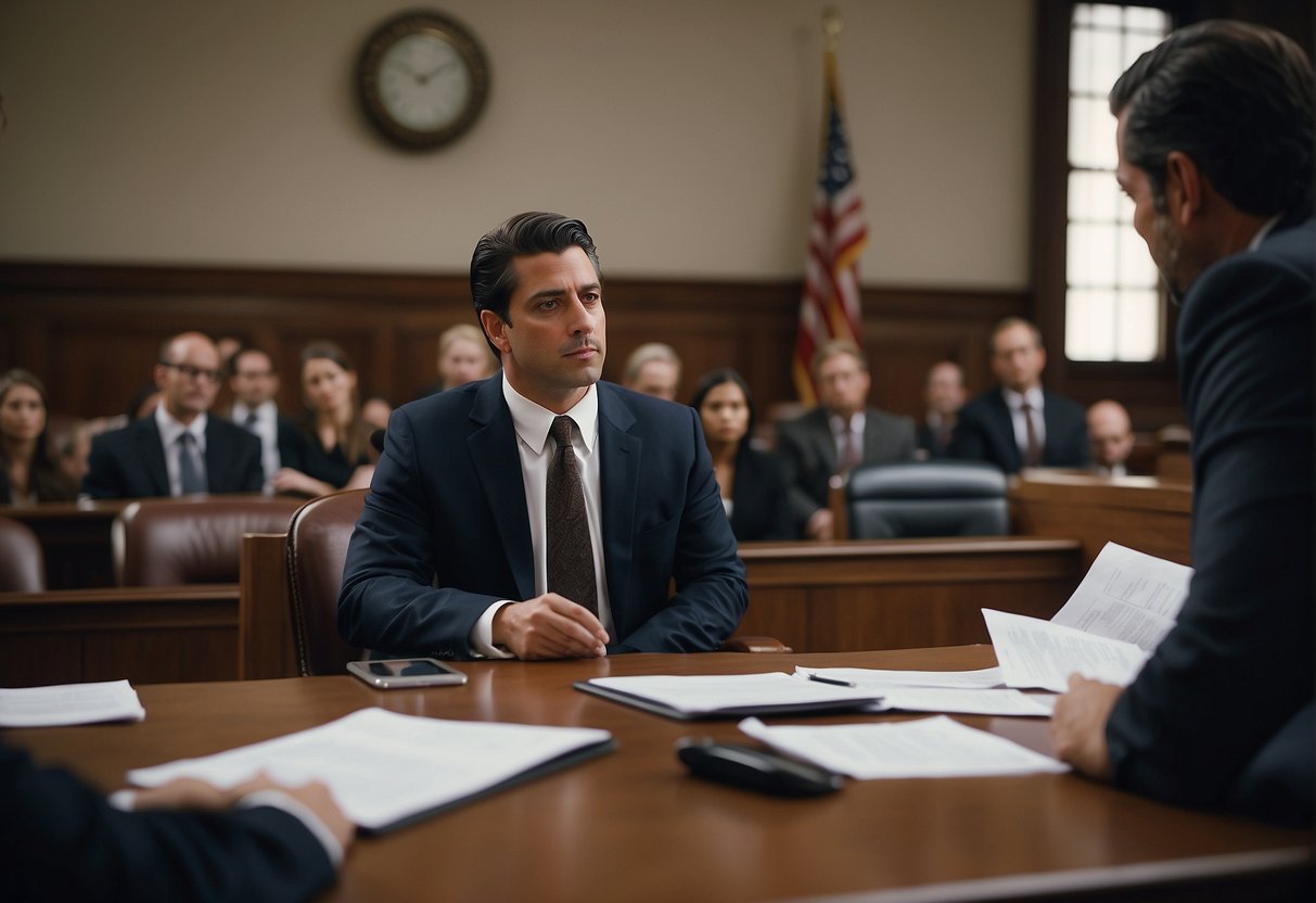 A courtroom scene with lawyers presenting evidence and arguing over car accident insurance claims and settlements in New York