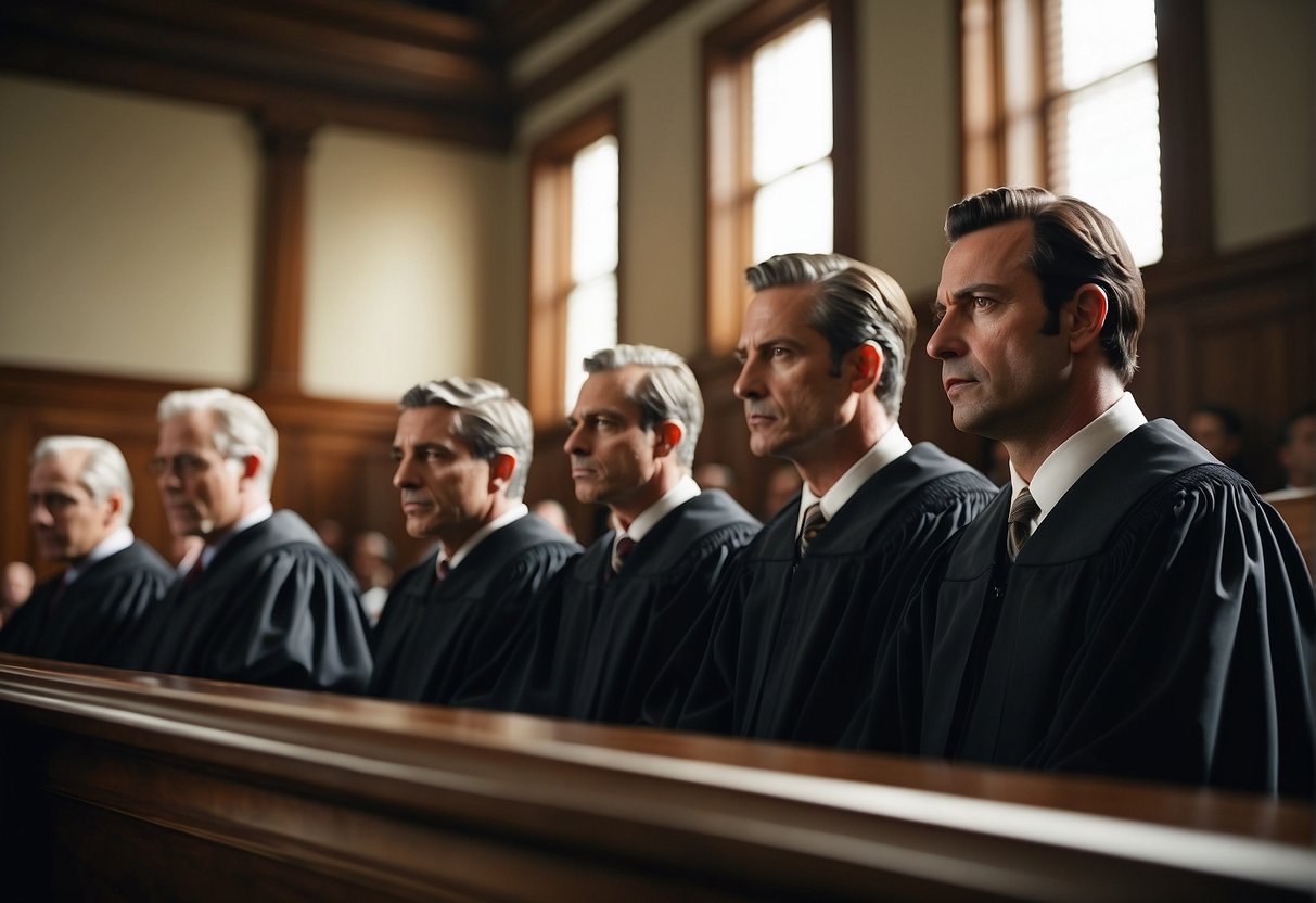 A courtroom scene with lawyers presenting evidence and arguing, judge presiding, and jury listening attentively