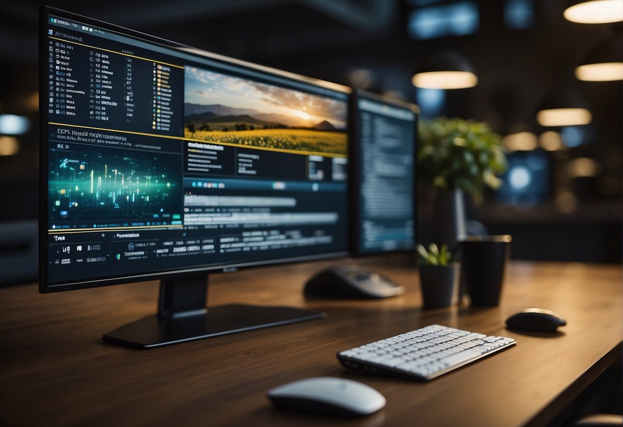 A computer screen displays positive reviews and social media posts, while negative comments are being suppressed or removed. Online Reputation Management Software