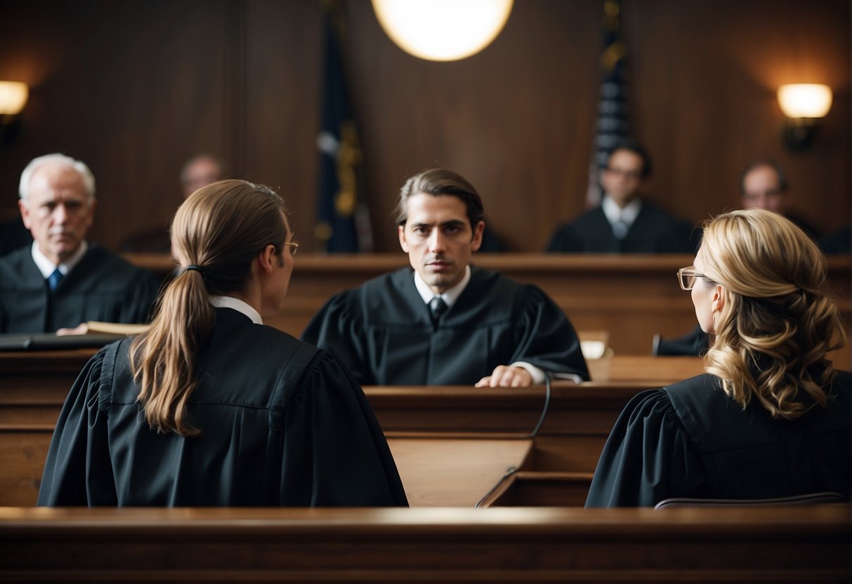 A courtroom scene with a judge presiding over a car accident case. Lawyers present evidence and argue their cases while the jury listens attentively