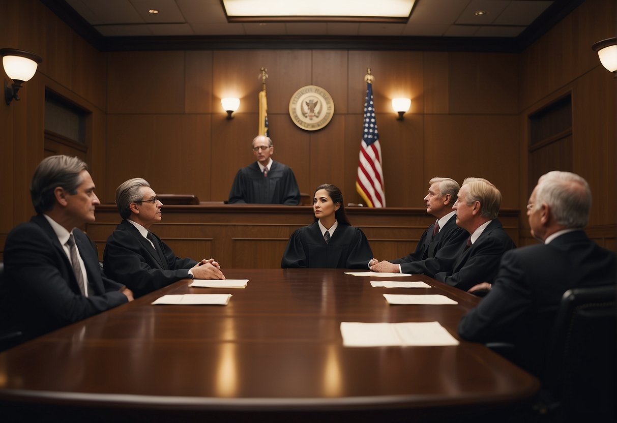 A courtroom scene with a judge, lawyers, and a jury. The plaintiff and defendant sit at separate tables, while evidence is presented and arguments are made