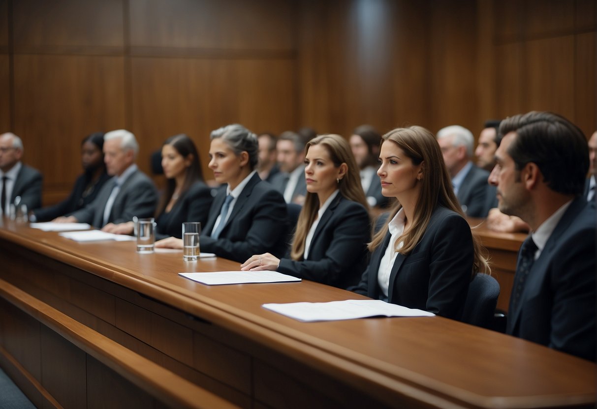 A courtroom scene with lawyers presenting evidence, judge presiding, and jury listening attentively. Documents and exhibits are displayed, and the atmosphere is tense