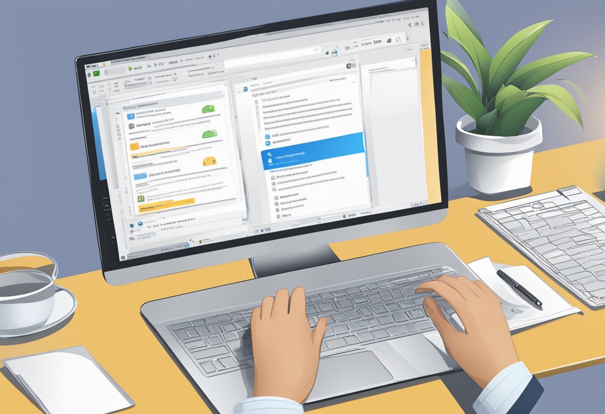 A computer screen displays the Outlook email interface. A cursor clicks on the "Download" button, while other tabs show email management options