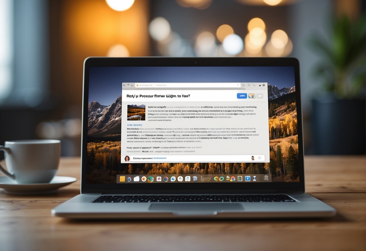 A laptop displaying positive reviews and social media posts, while a hand clicks on a "reply" button to engage with customers. How to Do Online Reputation Management