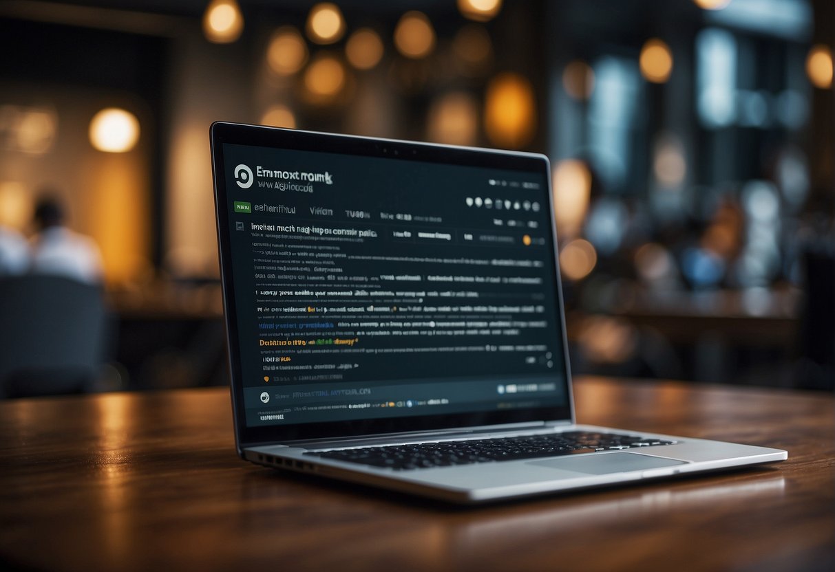 A laptop displaying positive reviews and social media posts, while negative comments are being deleted