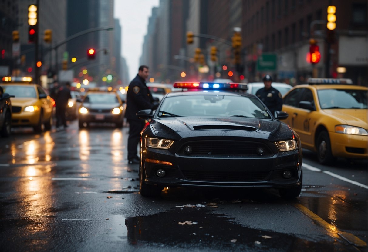 A car accident scene in New York with two vehicles colliding at an intersection, surrounded by onlookers and emergency responders