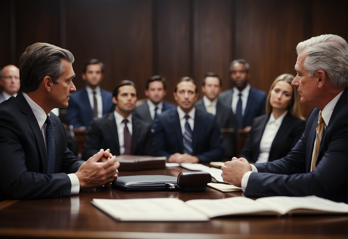 A courtroom scene with lawyers presenting evidence, discussing legal strategies, and preparing for a car accident lawsuit in New York