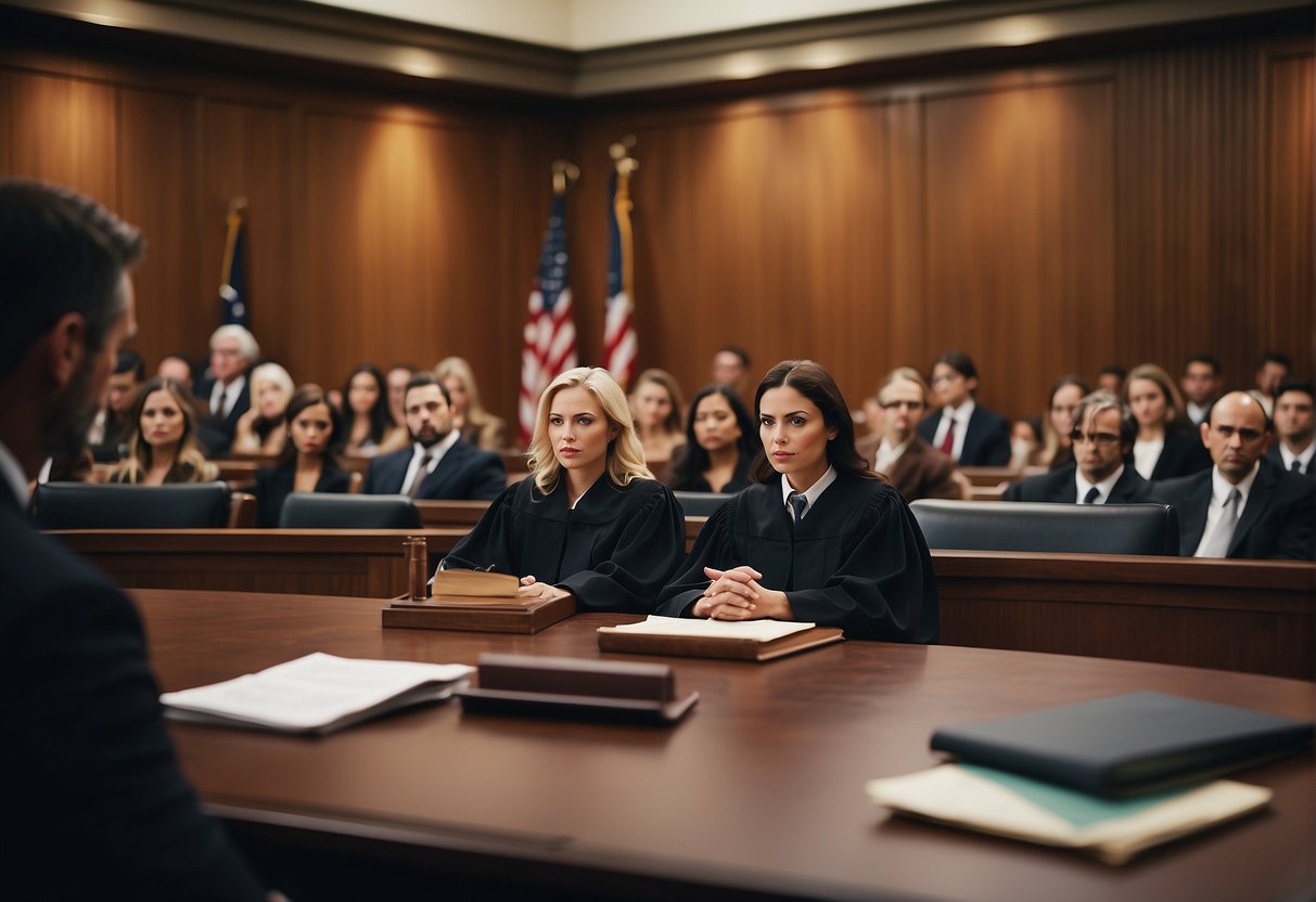 A courtroom scene with a judge presiding, lawyers presenting evidence, and a jury listening attentively. The atmosphere is tense, with a focus on legal strategies and the pursuit of justice