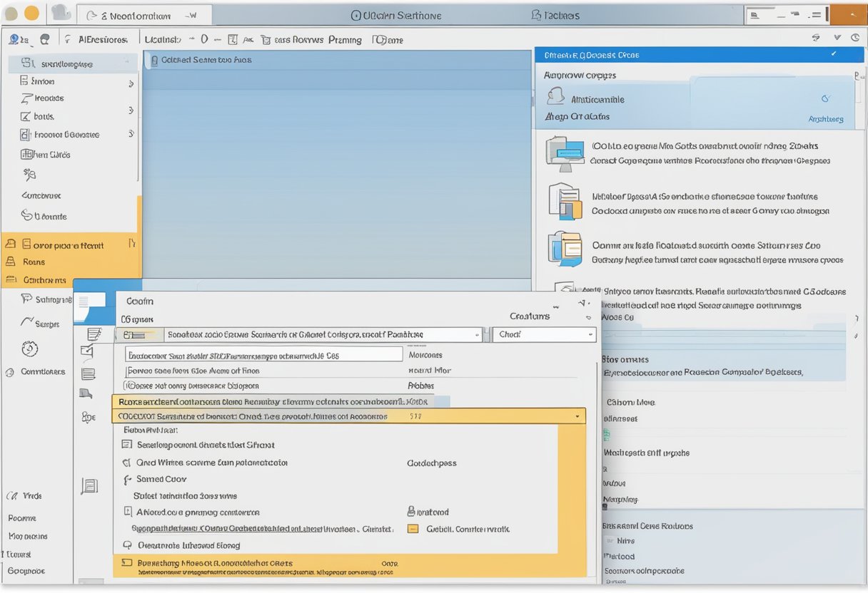 Outlook interface with settings menu open, showing options to reset view to default. Email list and preview pane visible