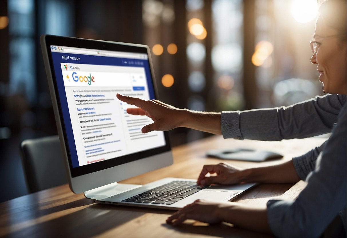 A computer screen displaying Google Reviews with a high rating and positive comments. A hand reaching out to click the "Write a Review" button