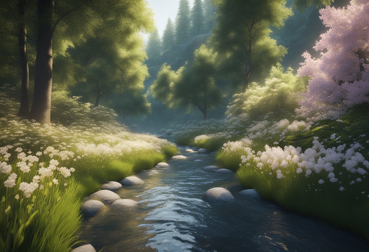 A serene river flowing through a lush forest, reflecting the sunlight and surrounded by blooming flowers, symbolizing the spiritual significance of dreaming about water