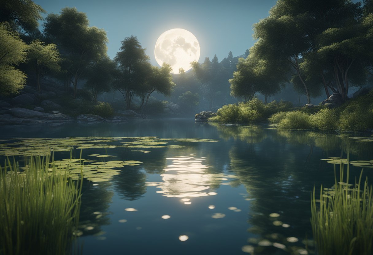 A serene lake reflects a full moon, surrounded by lush greenery, symbolizing the spiritual depth and emotional purification associated with water in dreams