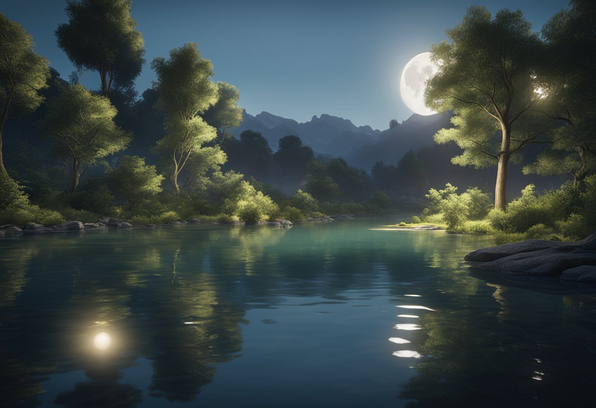 A serene lake reflects the moon's glow, surrounded by lush greenery, evoking a sense of tranquility and spiritual connection