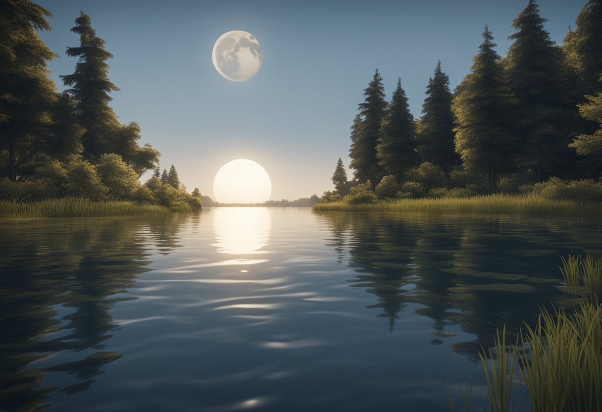 A serene lake reflects the moon's gentle glow, surrounded by lush greenery. Ripples dance across the water's surface, evoking a sense of tranquility and spiritual connection