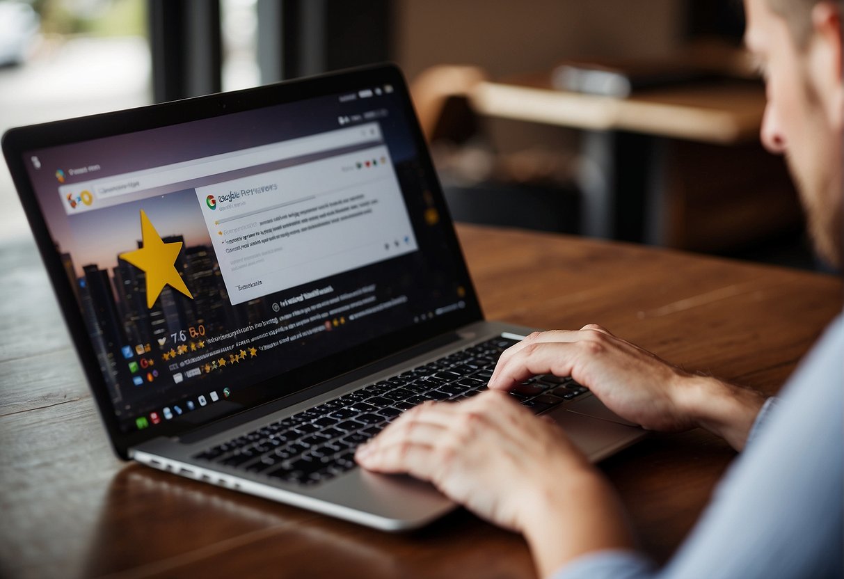 Customers typing 5-star Google reviews on a laptop, while a business owner smiles at the increase in rating. 