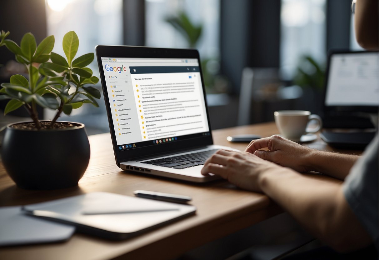 A person sitting at a desk, typing on a computer, How to Write a Google Review. A pen and notepad are nearby for jotting down thoughts