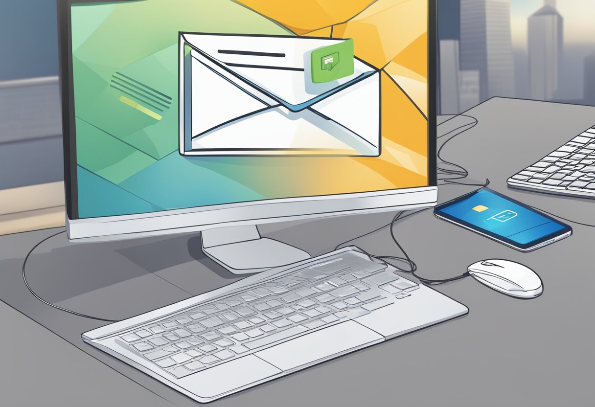 Outlook emails being exported to a backup file, with a computer screen showing the progress and a USB drive connected for transfer