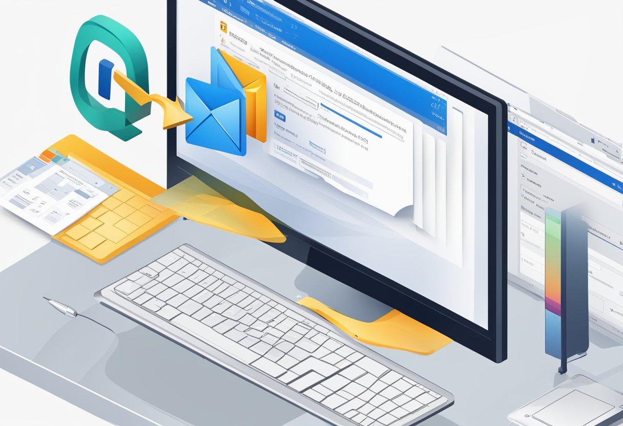 A computer screen displaying the process of creating a clickable email signature in Outlook, with a cursor hovering over the "insert hyperlink" option