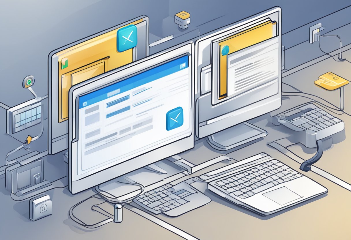 A computer screen displays Outlook email interface with a lock icon. A key hovers over the lock, symbolizing encryption process