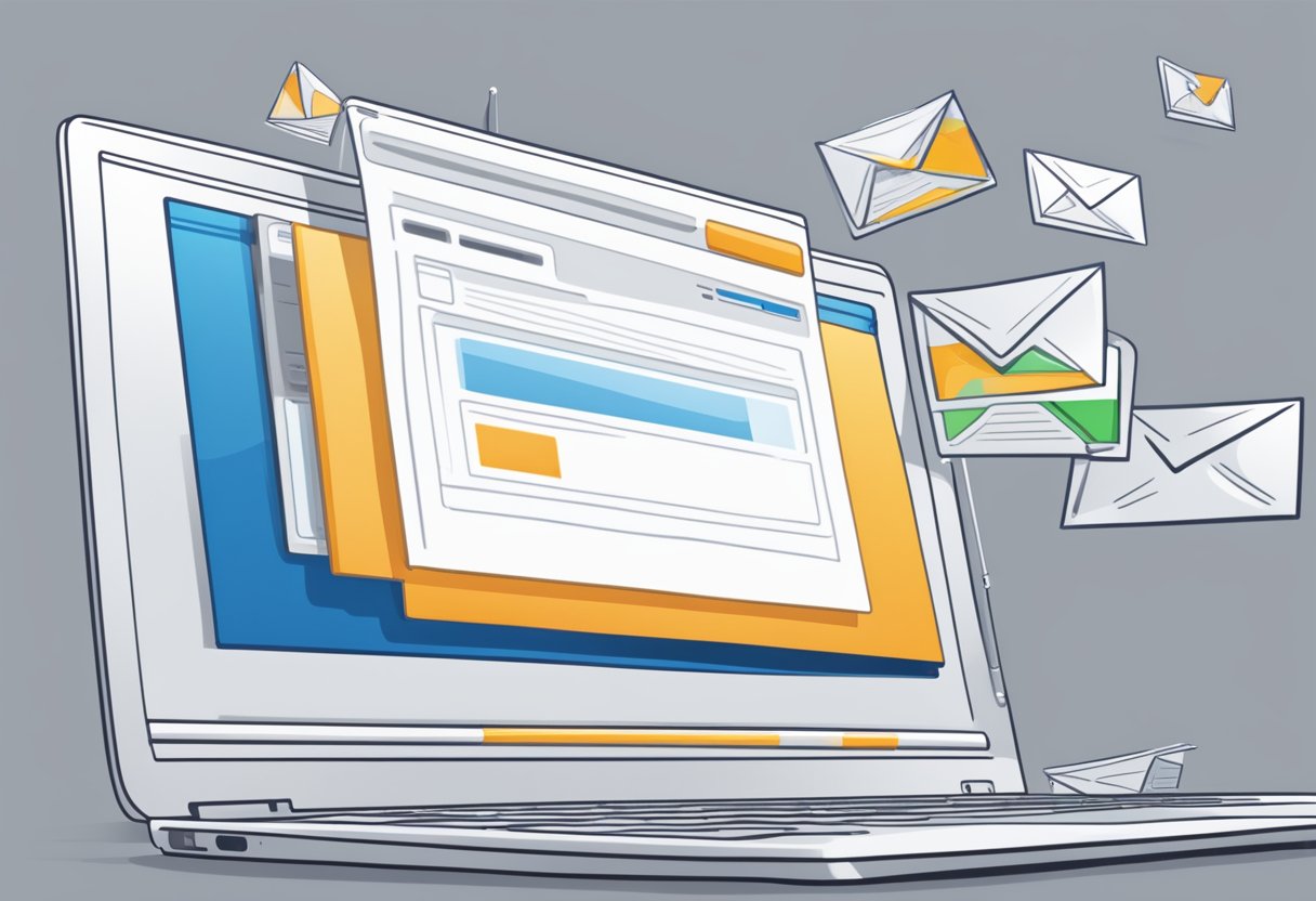 An open laptop displaying an email composition window with an embedded mp4 file. The cursor hovers over the "insert" tab in the Outlook email interface