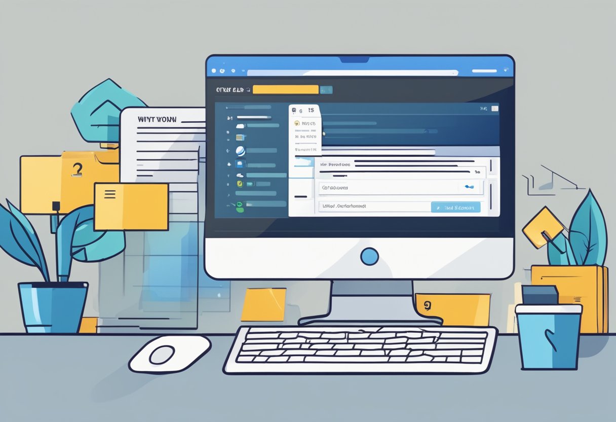 A computer screen with an error message "Why won't Outlook send emails" displayed, while the user attempts to troubleshoot the issue